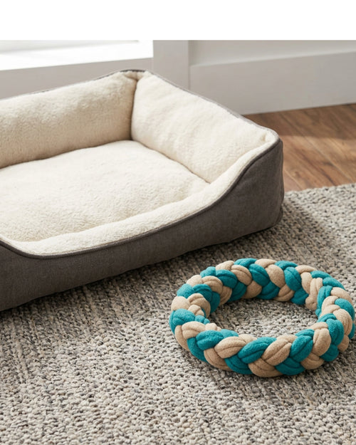 Vovn Loopbraid Fleece Tug Ring Dog Toy 9 in Teal Sand - Lifestyle view