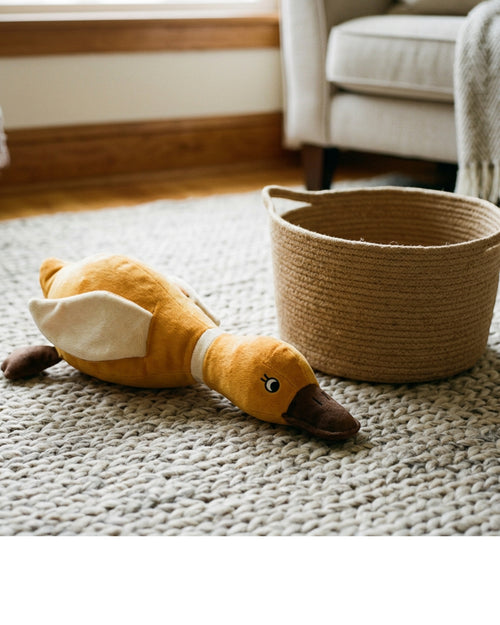 Vovn Marshbill Plush Duck Squeaker Dog Toy 14 in Ochre - Lifestyle view